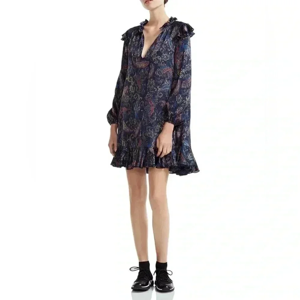 MAJE Riley Ruffled Paisley-Print Mini Dress / Size 2 / - Picture 1 of 13